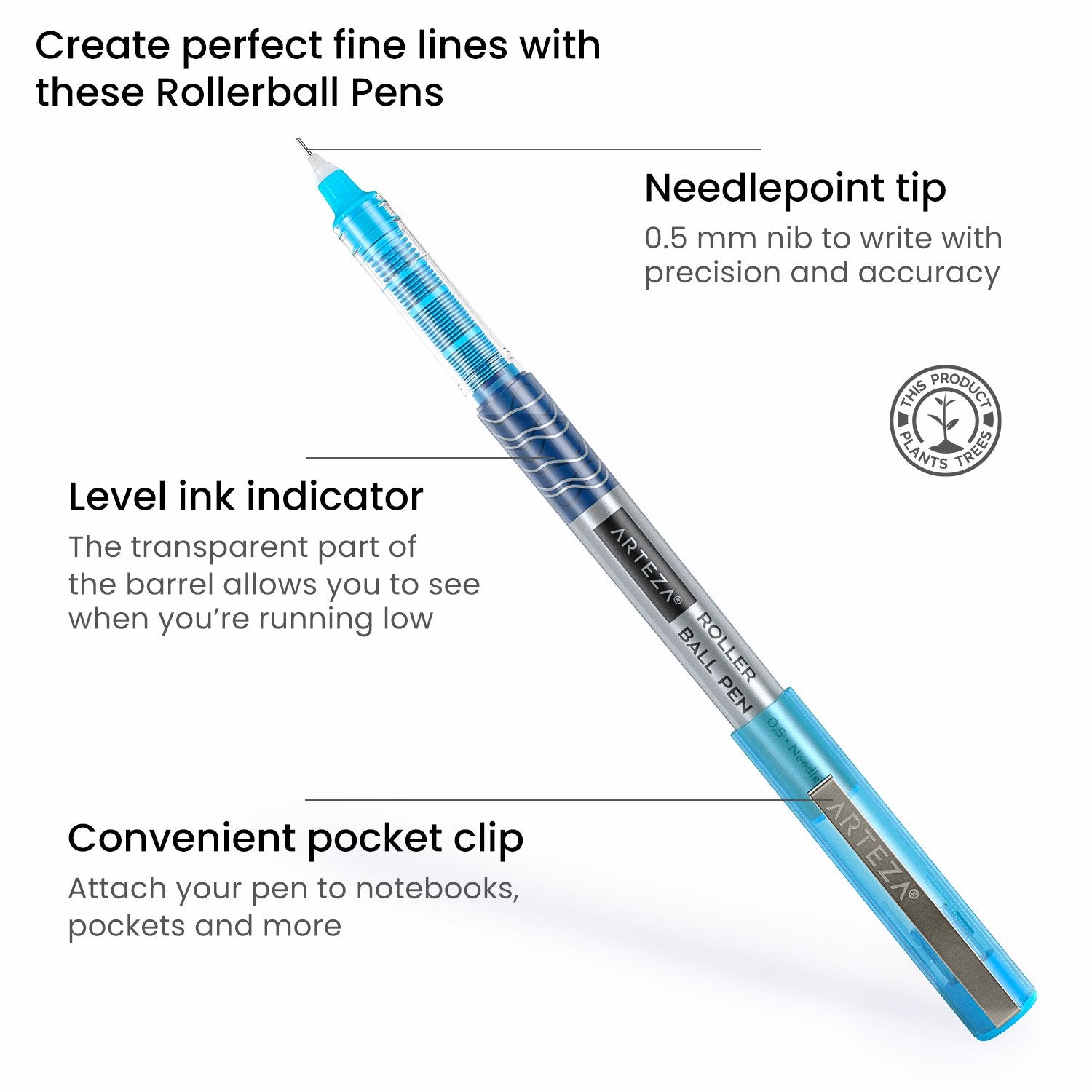 Roller Ball Pens, Multicolor, 0.5mm Needle Nib - Set of 24