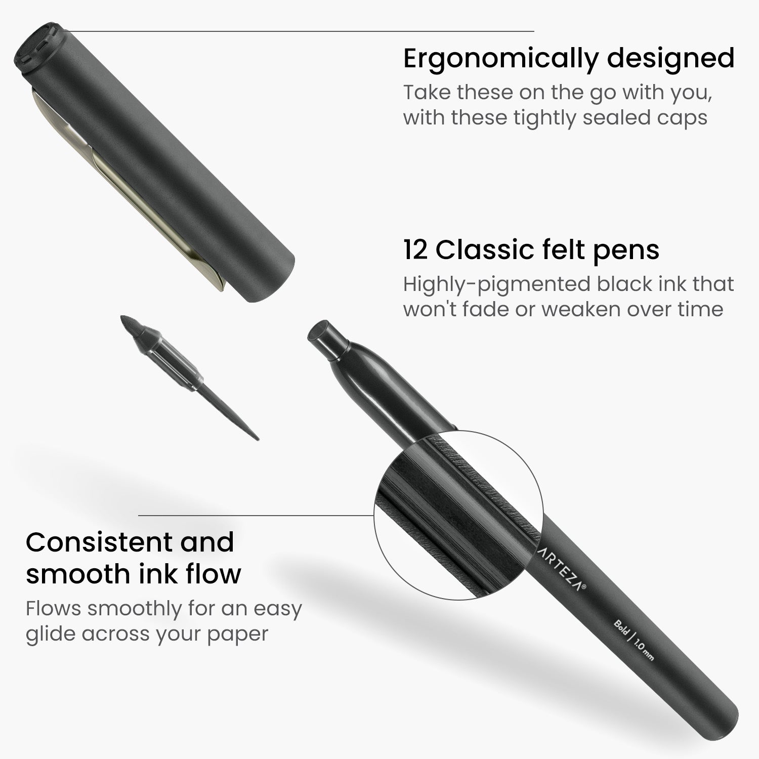 Felt Tip Pens, Black - Set of 12