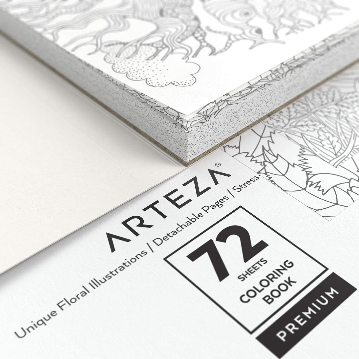 Coloring Book, Floral Illustrations, Gray Outlines, 72 Sheets