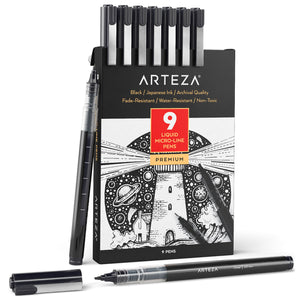 Liquid Micro Line Pens, Black Japanese Ink, Assorted Nibs - Set of 9